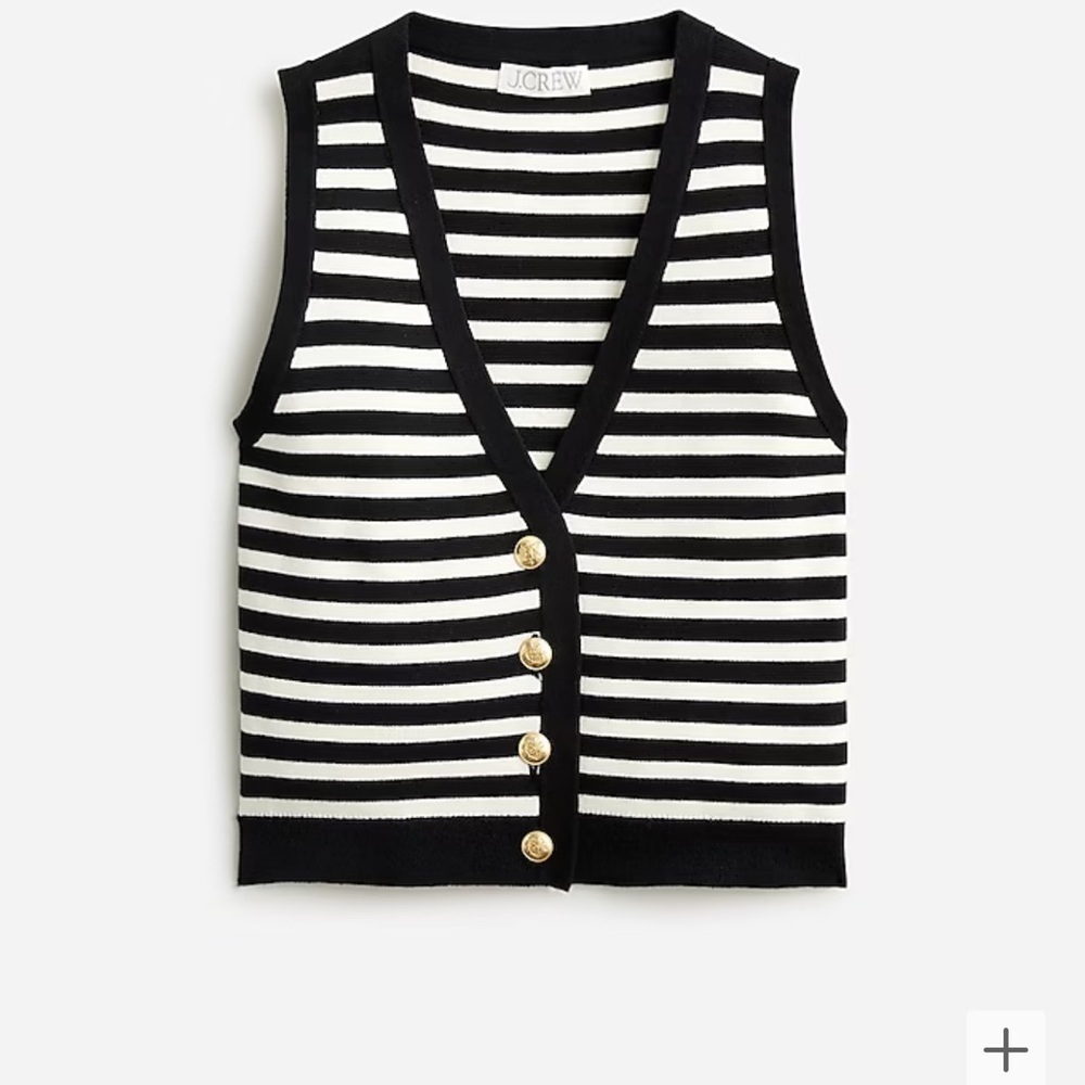 J. Crew Black & White Striped V-Neck Knit Vest with Gold Buttons